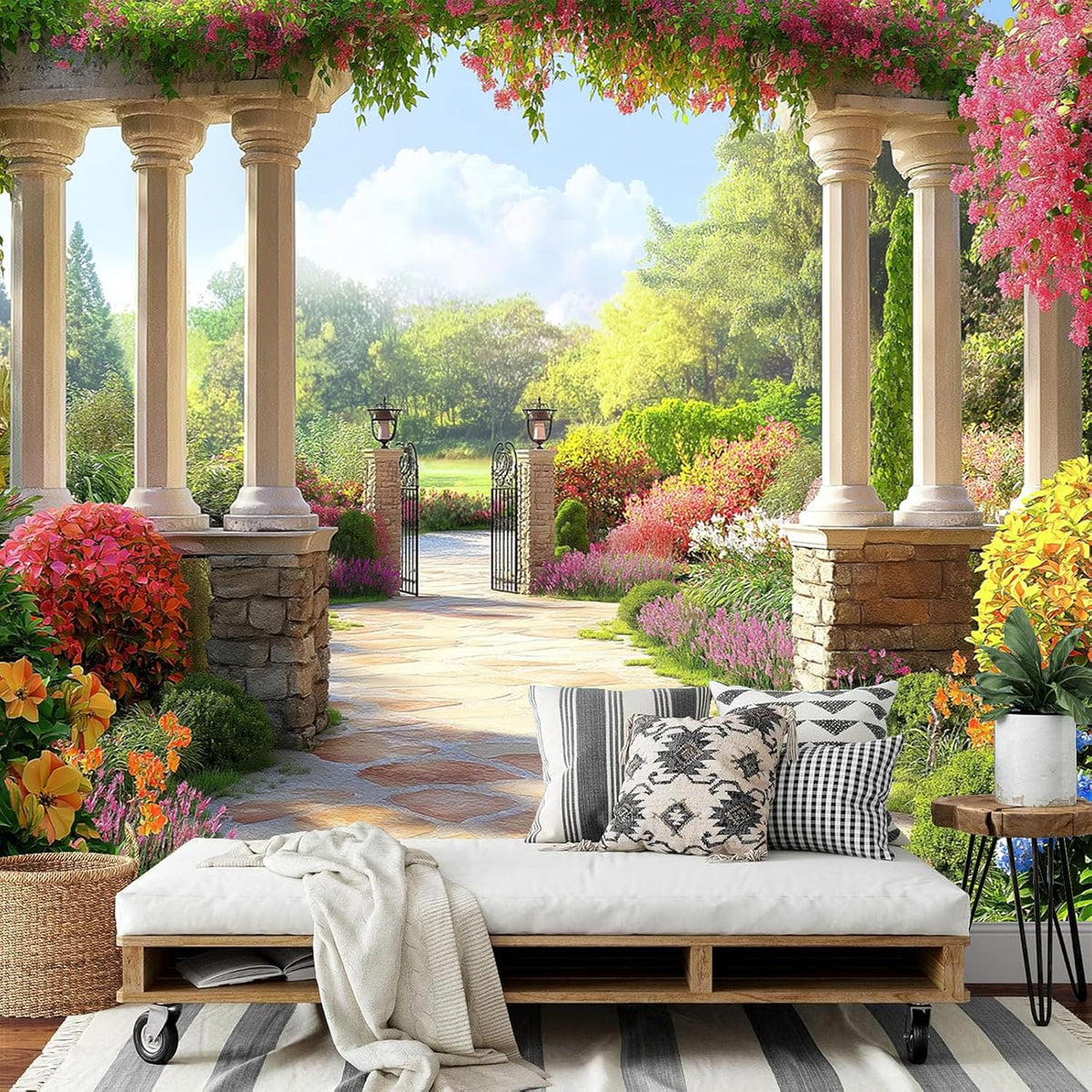 Garden Pavilion Photo Wallpaper - 151' Wx 105' H Garden View Wall Mural Wall Sticker Decoration,Large Silk Cloth Wallpaper for Living Room Bedroom Nursery Sofa Background