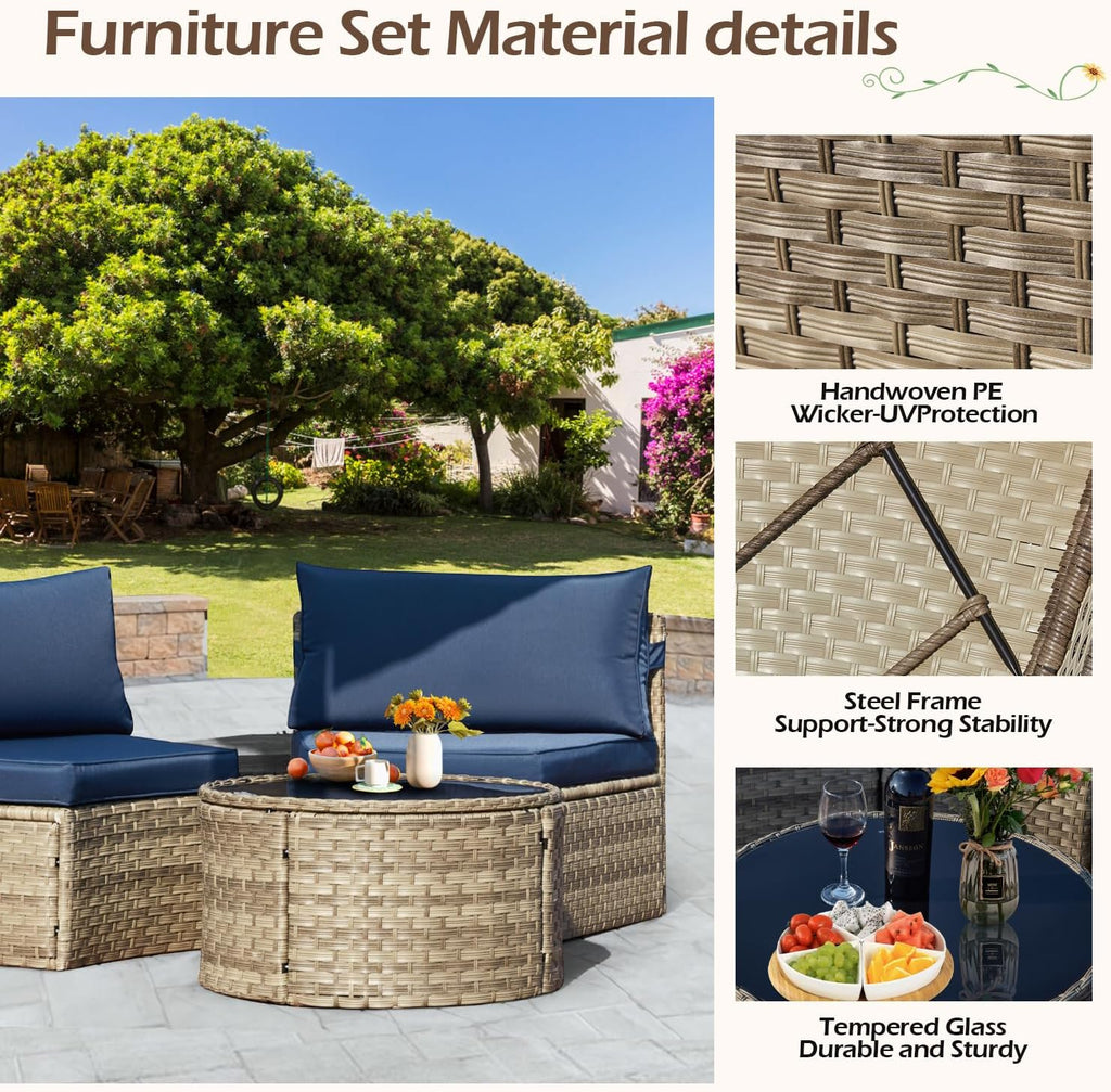 ECOTOUGE Curved Outdoor Sectional Sofa, 3 Piece Half-Moon Rattan Patio Furniture Set, Wicker Conversation Sets with Tempered Glass Round Coffee Table for Pool Backyard Patio Garden(Blue)
