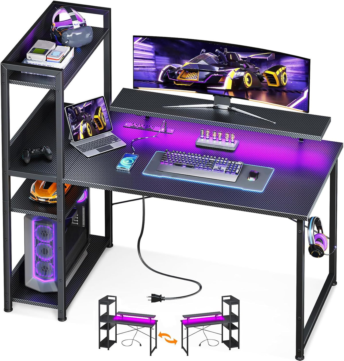 ODK Reversible Gaming Desk LED Lights, 40 Inch Computer Desk with Storage Shelves & Monitor Stand, Study Table for Home Office, Small Space Bedroom, Carbon Fiber Black
