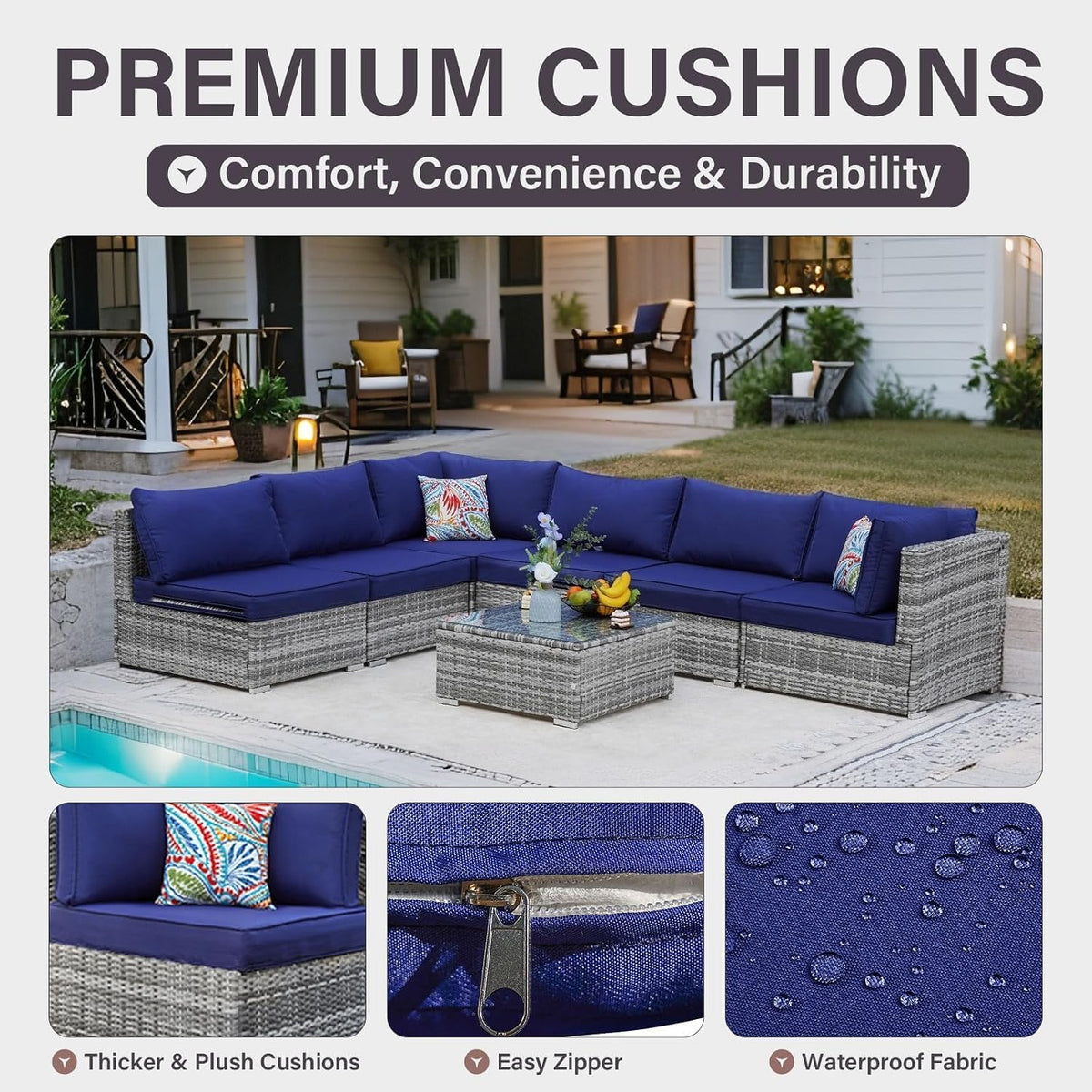 7-Piece Outdoor Patio Furniture Set – Handwoven All-Weather Rattan & 4' Thick Waterproof Cushions, Wicker Outdoor Conversation Sets with Coffee Table for Deck, Backyard, Garden, 2026, Blue/Grey