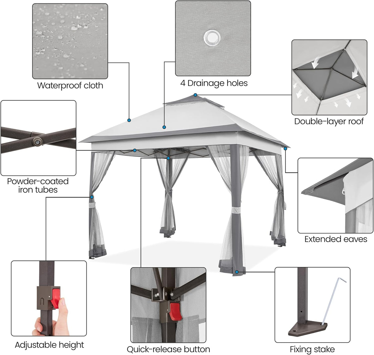Yaheetech 11x11 Pop Up Gazebo Outdoor Canopy Shelter, Instant Patio Gazebo Sun Shade Canopy Tent with 4 Sandbags, 2 Tiers Roof & Mesh Netting for Lawn, Garden, Backyard & Deck, Gray