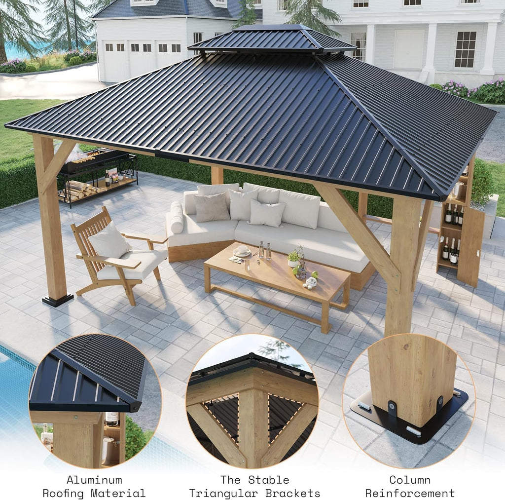 AMERLIFE 13x15 Spruce Wood Hardtop Carport, Outdoor Gazebo with Double Metal Roof & Storage Bar, Paviloin with Wood Frame for Patio, Parties, Garage, Lawns