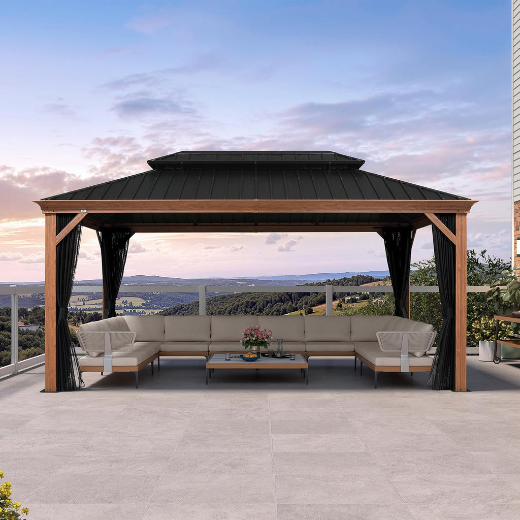 PURPLE LEAF 10' X 16' Outdoor Hardtop Gazebo for Patio Galvanized Steel Double Roof Permanent Canopy Teak Finish Coated Aluminum Frame Pavilion Gazebo with Netting