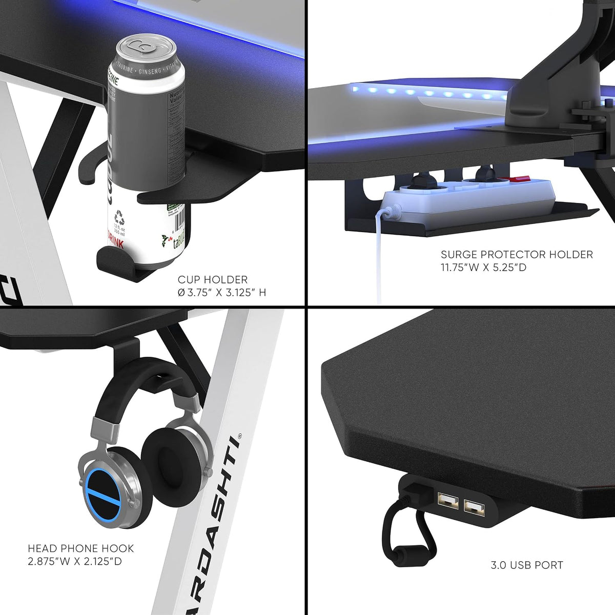 Dardashti Gaming Desk PC Computer Desk, Home Office Desk Gaming Table Z Shaped Gamer Workstation with Cup Holder and Headphone Hook, Z1-21, Arctic White