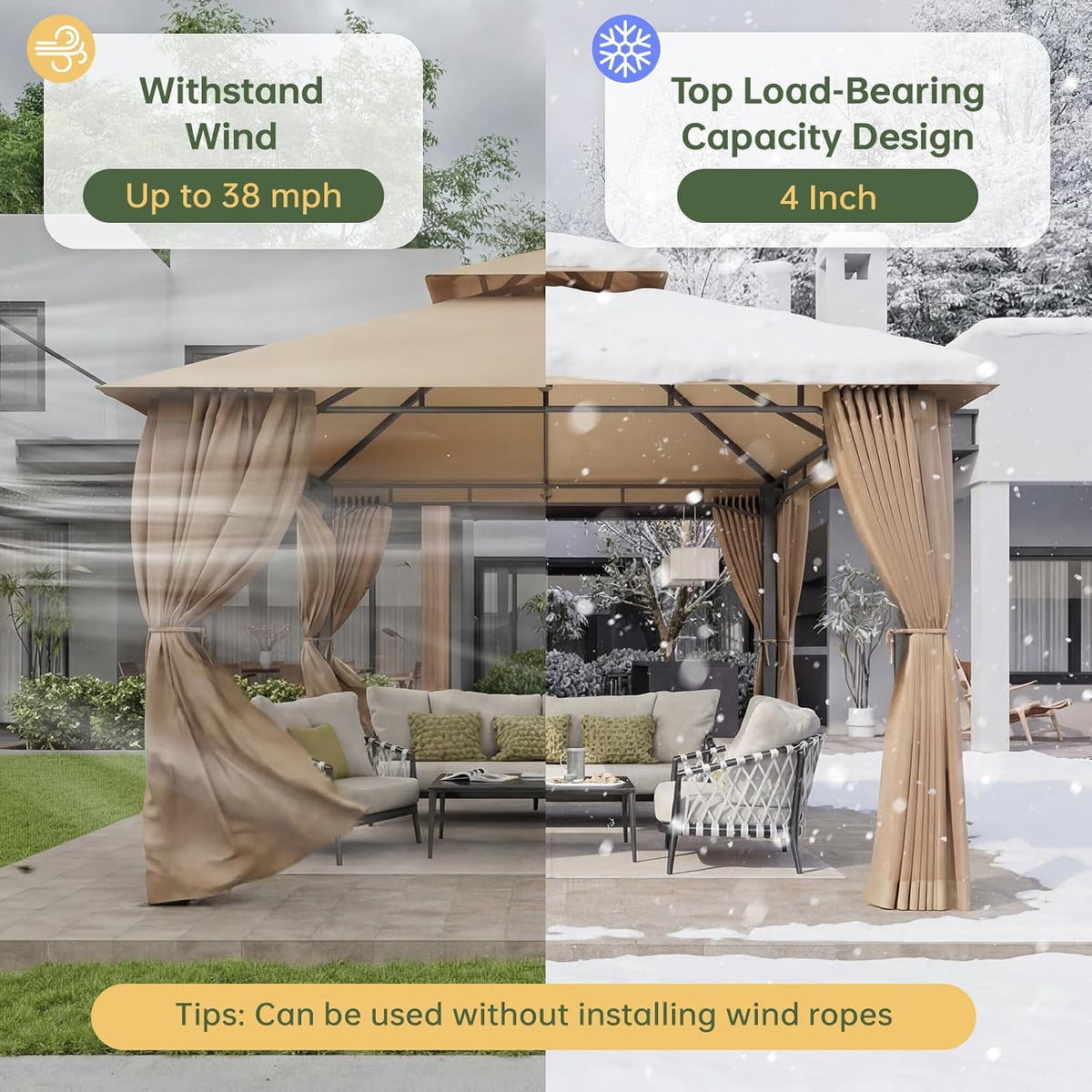 Aoxun 10x10 Gazebo with Double Roof & Mosquito Netting Outdoor Heavy-Duty Party Tent, Patio Tent with Zipper Screens - Backyard Garden Lawn Shelter Includes Wind Ropes Expansion Bolts, Beige