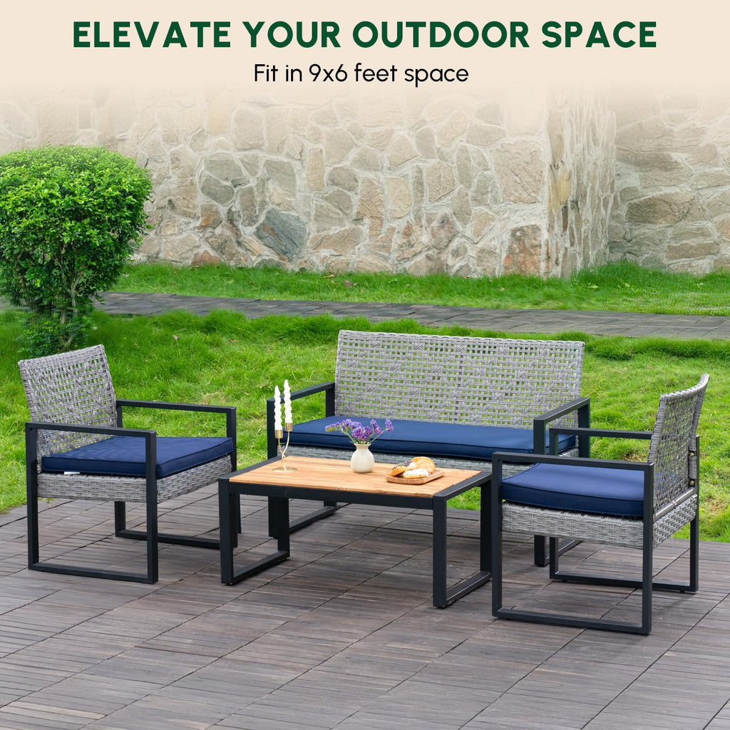 BEEFURNI Wicker Patio Furniture Outdoor Conversation Set of 4, Rattan Outdoor Furniture Set, Acacia Wood Table, 2 Chairs, 1 Loveseat, 2' Cushions, All Weather Set for Patio, Porch, Balcony (Gray)