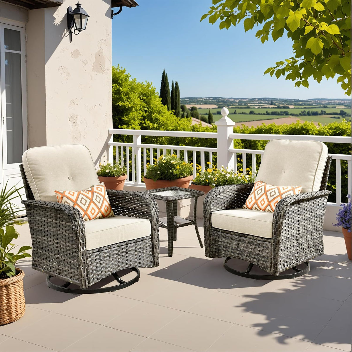 CAODOC 3-Piece Swivel Rocking Rattan Chair Outdoor, Patio Bistro Furniture Conversation Set, Wicker Chair with Coffee Table Beige