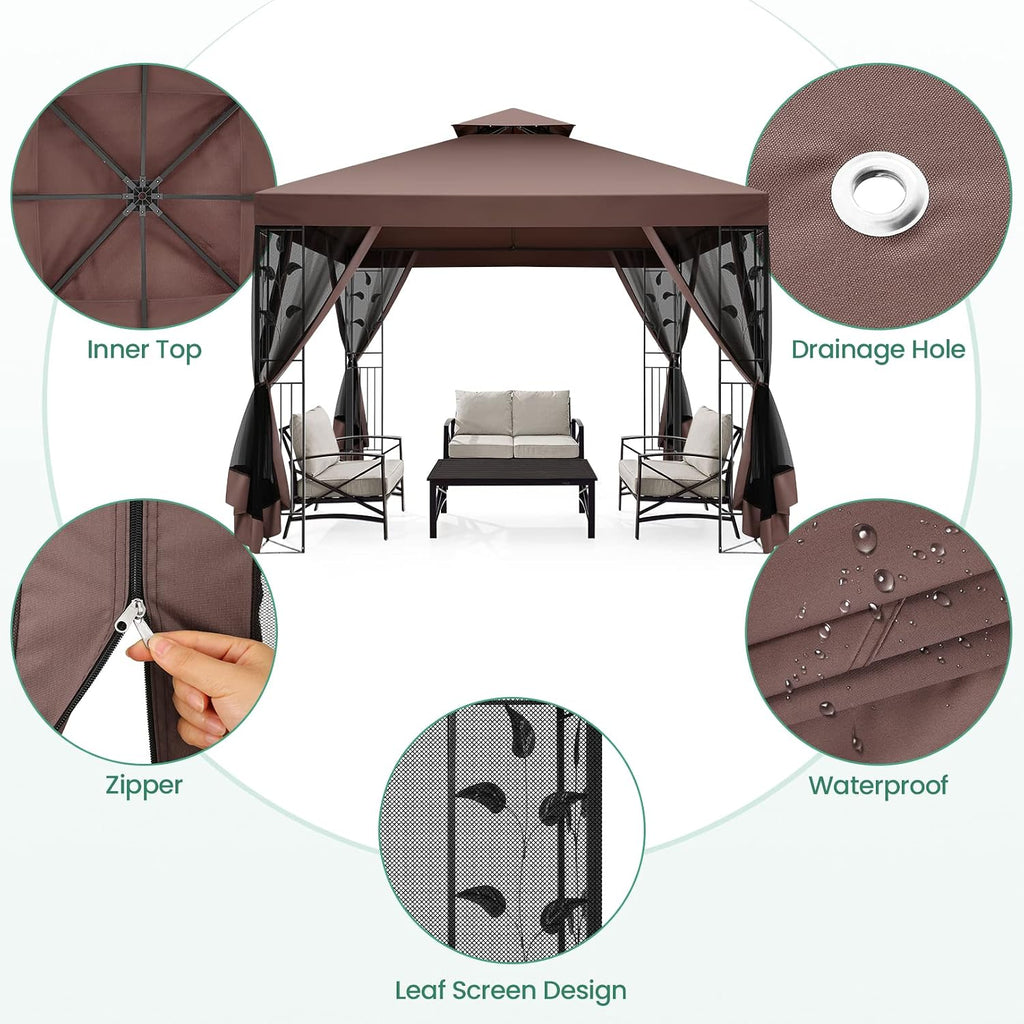 COBIZI Gazebo 10x10 Heavy Duty Gazebo with Improved Nettings Outdoor Gazebo Canopy Double Roof Patio Gazebo with Metal Steel Frame Gazebo Tent for Patio, Deck, Backyard (Brown, Nettings, New Model)