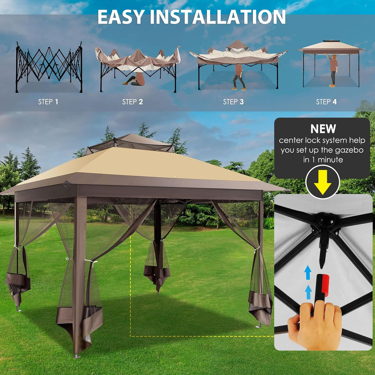 COBIZI Pop Up Gazebo 11x11 One-Push Canopy Tent, Carpas para Patio, Outdoor Canopy Shelter with Double Roof Ventiation 121 Square Feet of Shade for Lawn, Garden, Backyard and Deck,Brown(Upgraded 2.0)