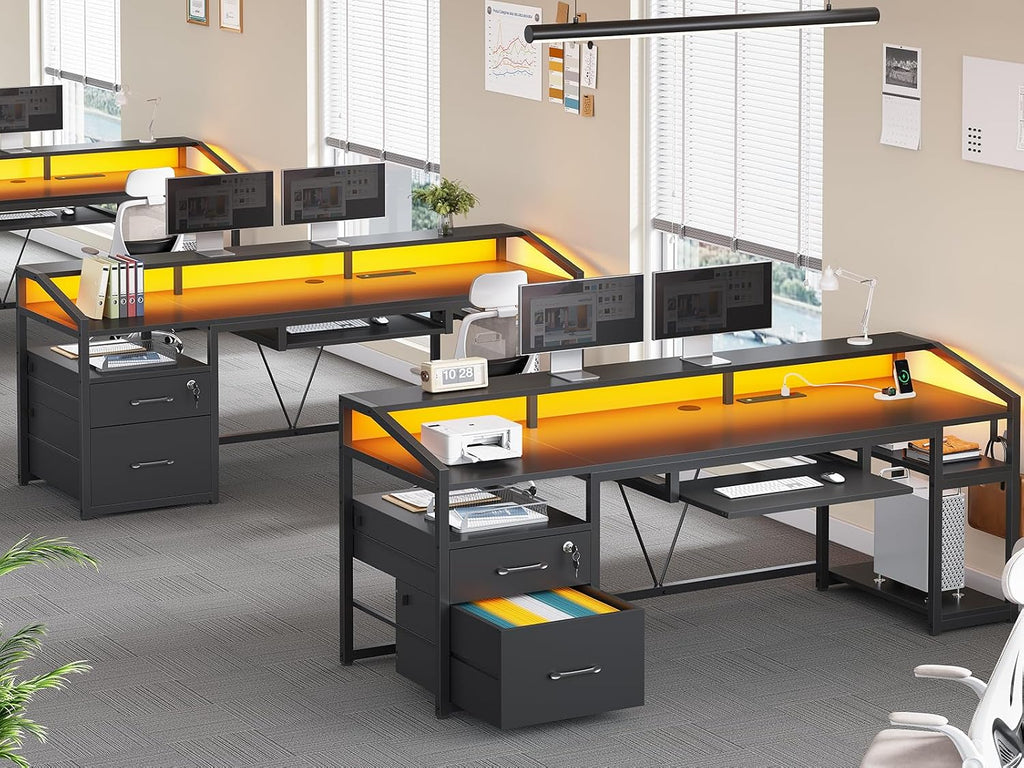 SEDETA 63' Computer Desk, Office Desk with Lockable Drawers for Legal/Letter File, Gaming Desk with LED Lights & Power Outlet, Home Office Desks with Storage, Black