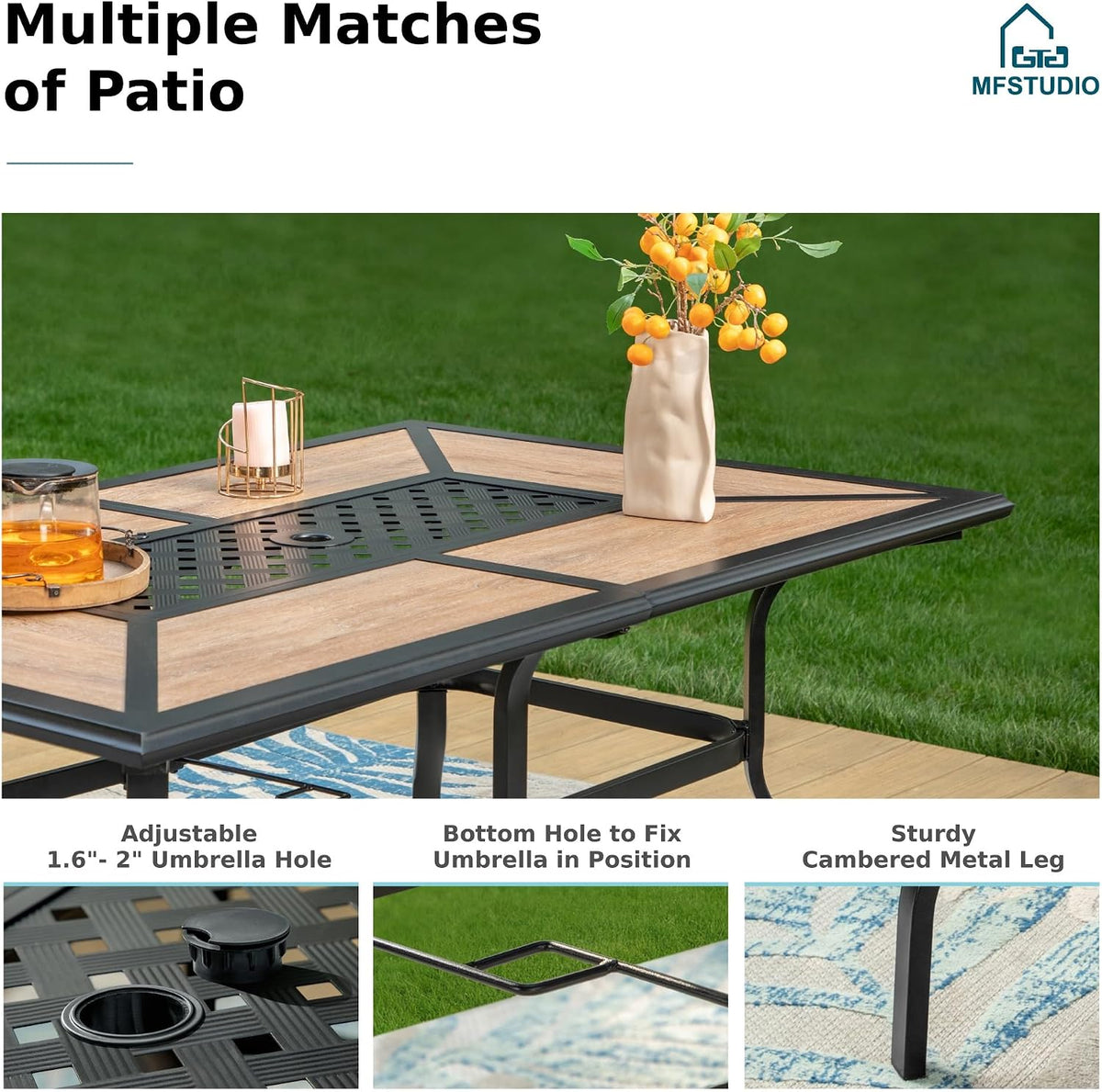 MFSTUDIO Outdoor Dining Set for 6, Patio Furniture Set with Blue Umbrella (Base not Included), Outdoor Table Chair Umbrella Set for Deck, Backyard, Lawn & Garden