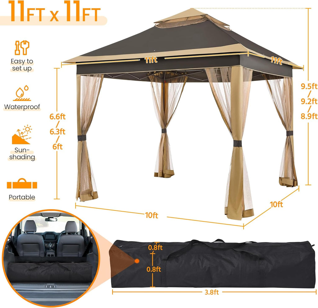 Yaheetech 11x11 Pop Up Gazebo Outdoor Canopy Shelter, Instant Patio Gazebo Sun Shade Canopy Tent with 4 Sandbags, 2 Tiers Roof & Mesh Netting for Lawn, Garden, Backyard & Deck, Brown