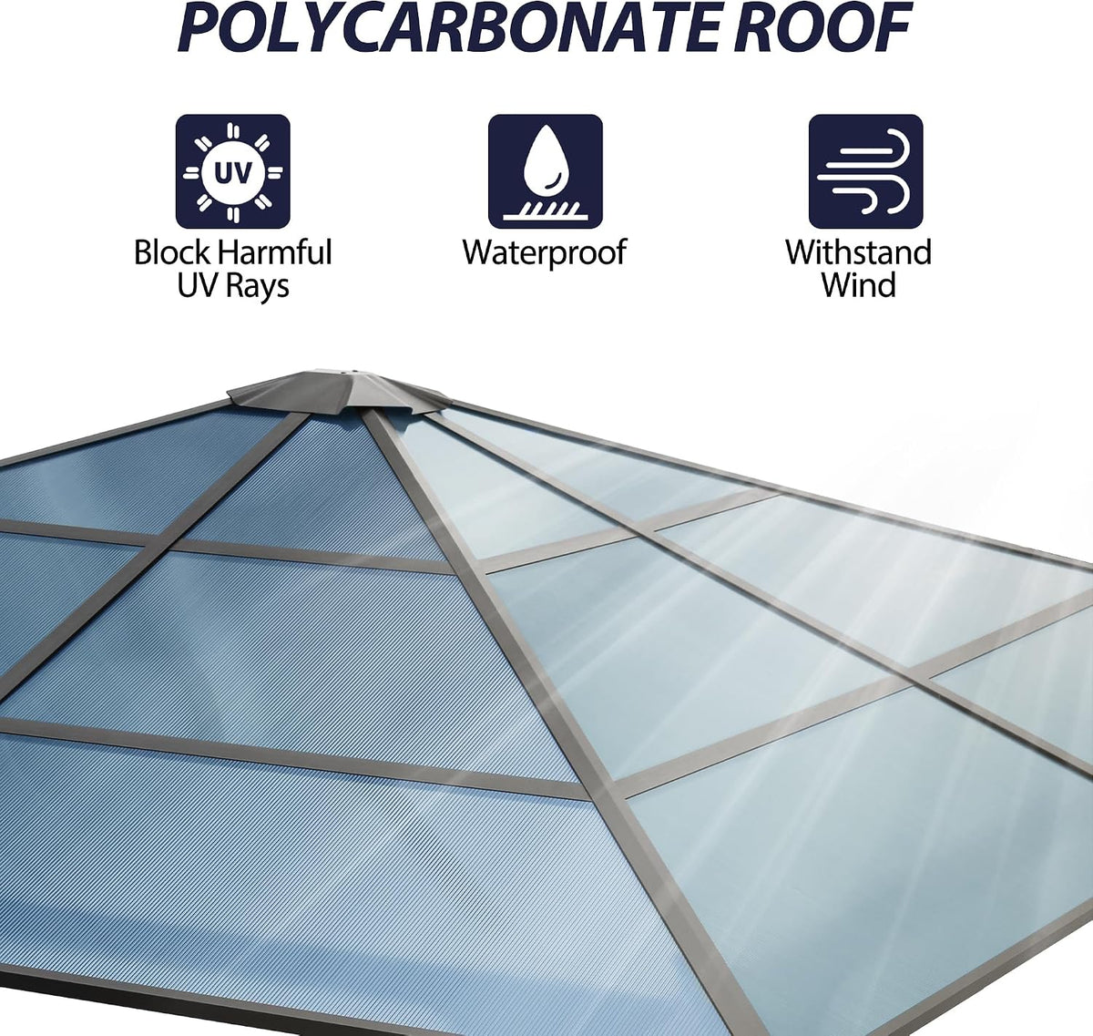 9.7 x 9.7FT Gazebo Hardtop, Outdoor Patio Gazebos with Polycarbonate Roof & Steel Frame, Outdoor Pavilion with Gray Curtain&Netting for Backyard/Lawn/Garden/Deck