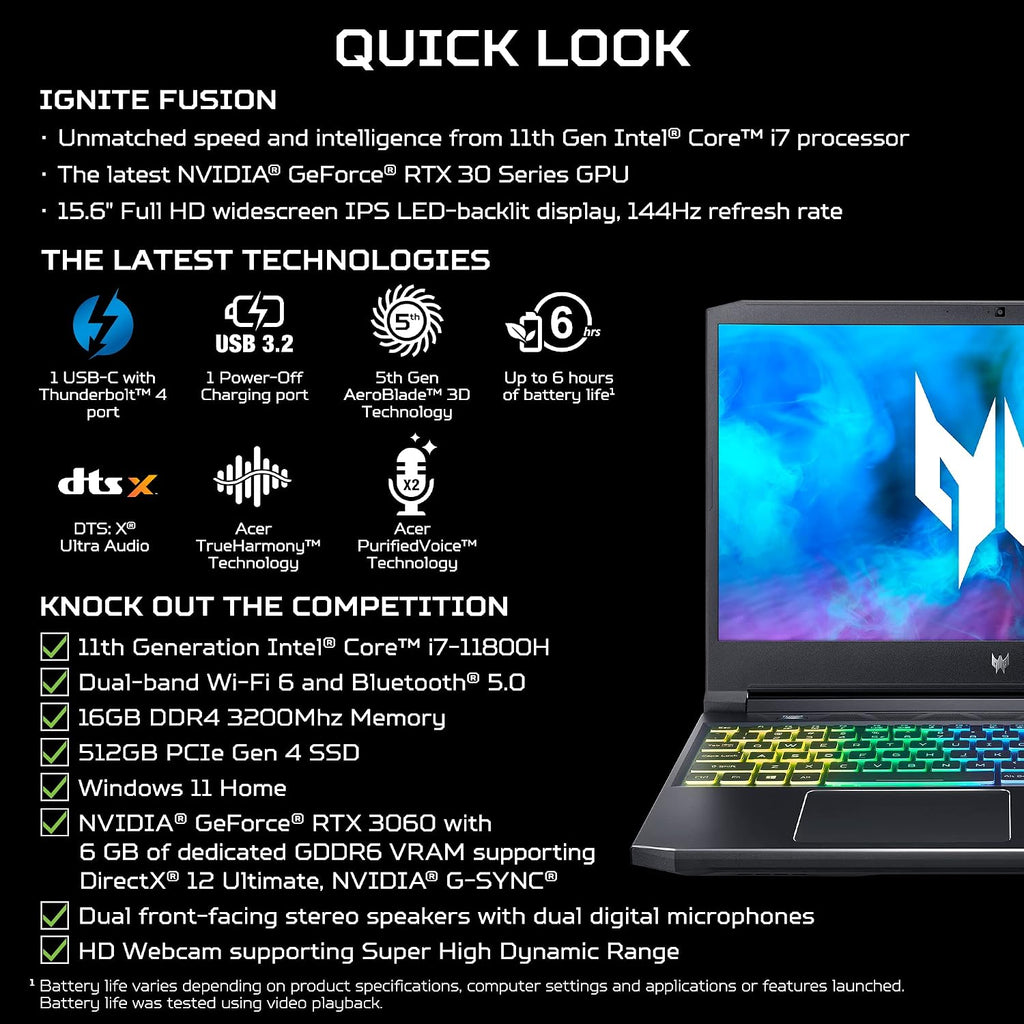 Acer Predator Helios 300 PH315-54-760S Gaming Laptop | Intel i7-11800H | NVIDIA GeForce RTX 3060 GPU | 15.6' FHD 144Hz 3ms IPS Display | 16GB DDR4 | 512GB SSD | Killer WiFi 6 | RGB Keyboard