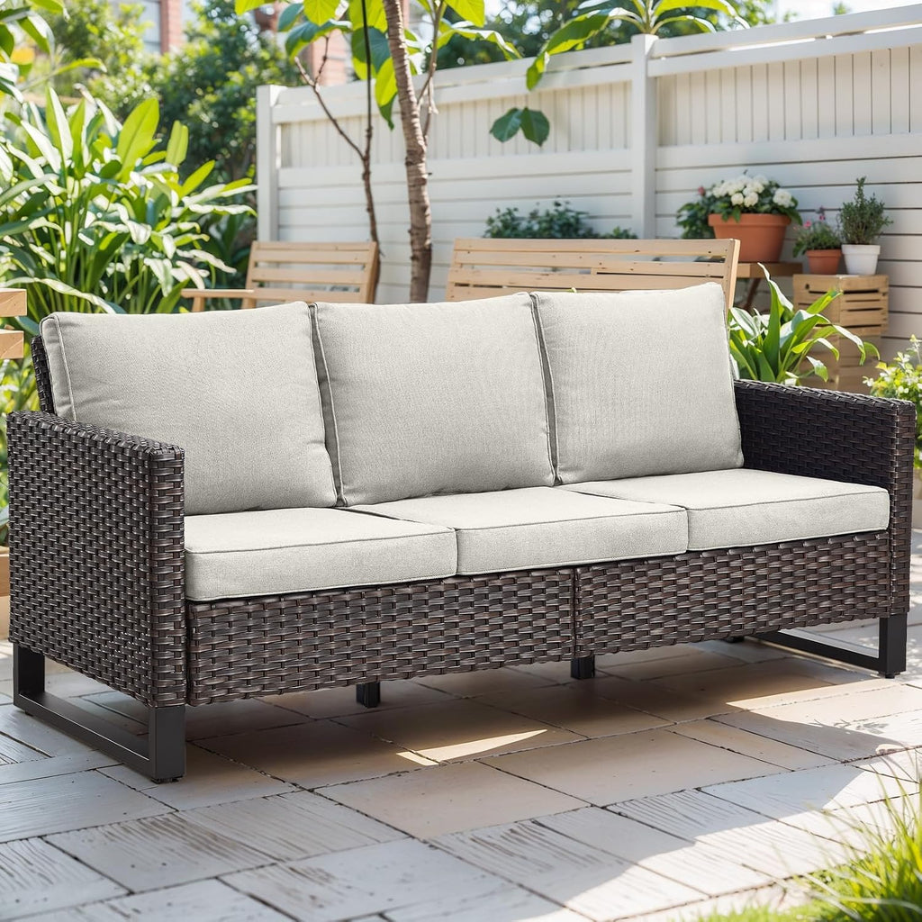 Rilyson Luxury Wicker Outdoor Couch Patio Sofa - 3 Seater Rattan Outdoor Patio Couch Water Resistant,Comfortable Cushions and Sturdy Metal Frame for Outside Porch Deck Backyard Garden(Brown/Blue)
