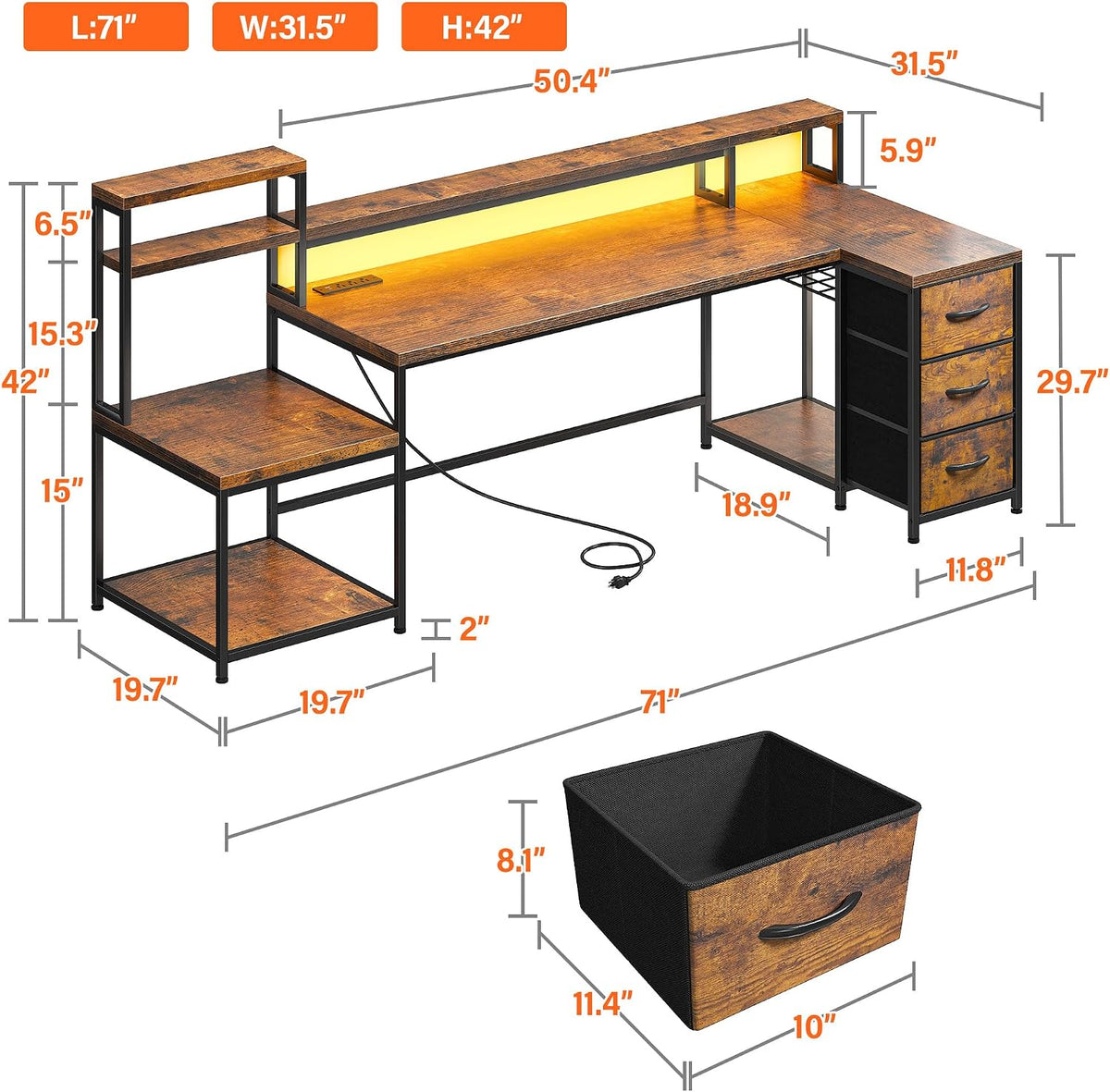 EnHomee 71' L Shaped Computer Desk with 3 Drawers & Hutch,Reversible Gaming Desk with LED Lights & Power Outlet,Home Office Desks with Monitor Stand & Printer Shelf for Student School Rustic Brown
