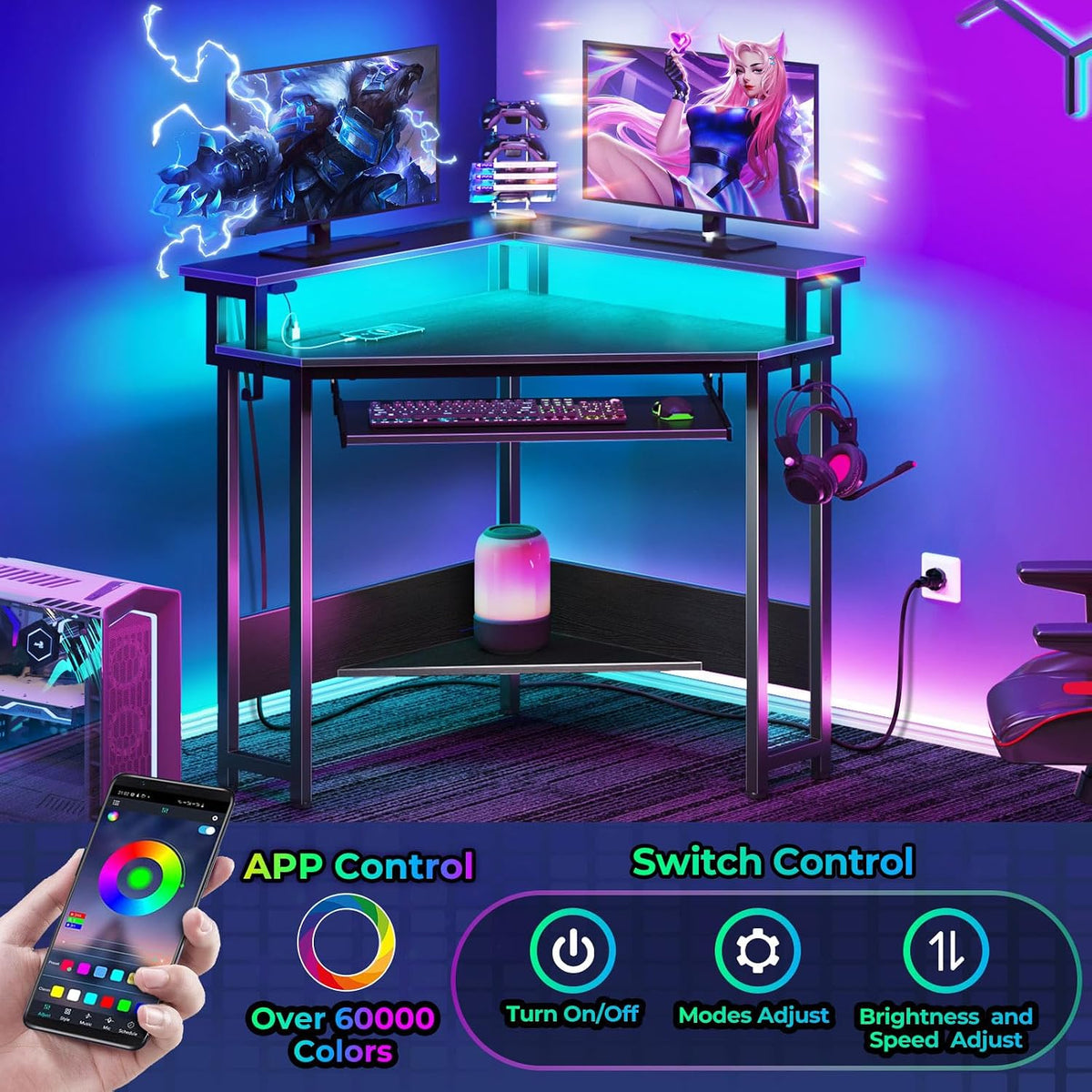 Rolanstar Corner Desk,44' W x 34' H Small Computer Desk with Power Outlets, Gaming Desk with LED Lights, Triangle Corner Table with Keyboard Tray & Monitor Stand for Small Space, Black