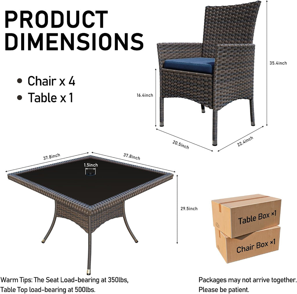 5 Piece Outdoor Dining Set,Rattan Patio Conversation Set of 4 Chairs,Patio Dining Table and Chairs w/Cushions,Square Glass Tabletop,Umbrella Cutout for Patio,NavyBlue