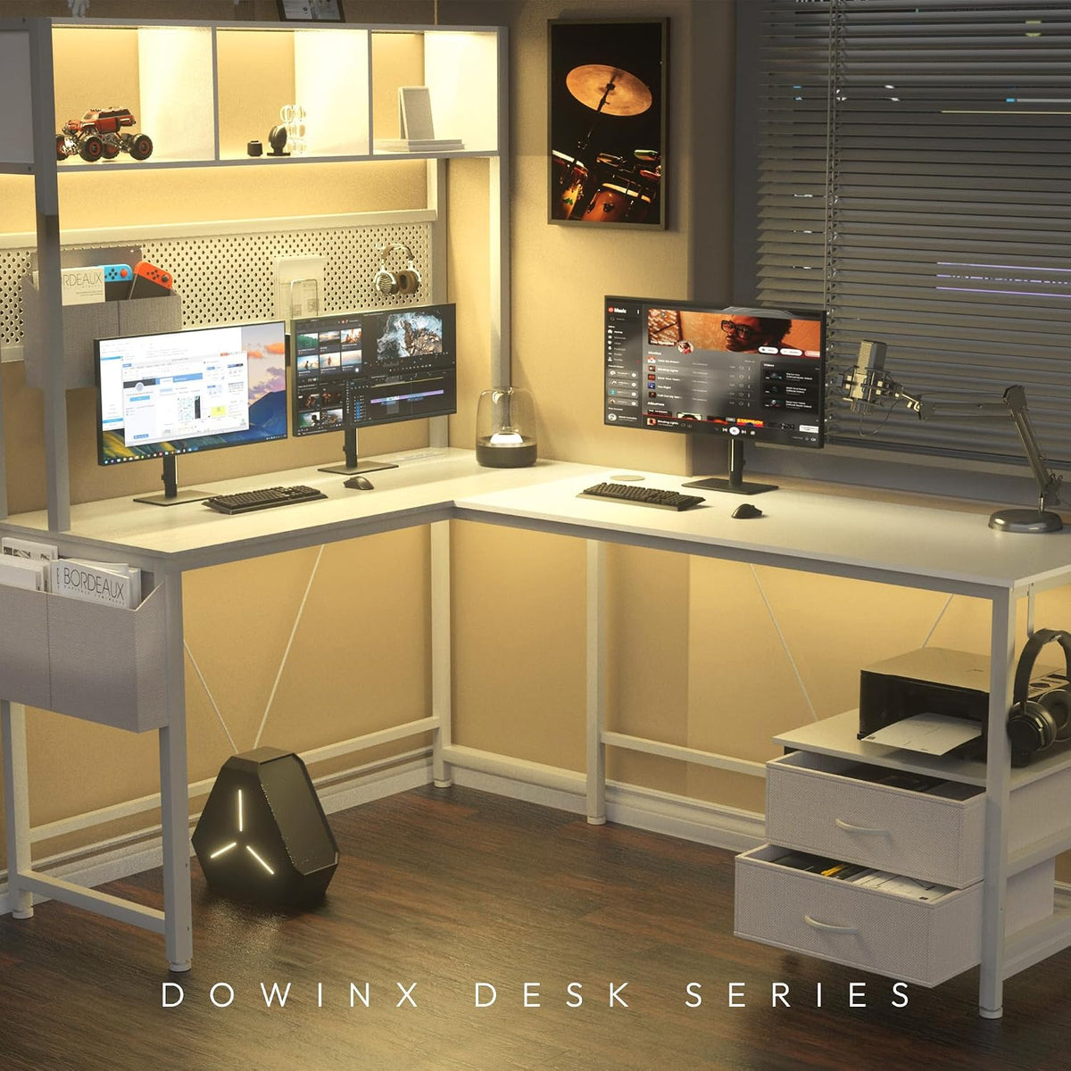 Dowinx 67' L-Shaped Gaming Desk with Pegboard & Drawers, Reversible Computer Desk with RGB Lights & Power Outlets, Corner Workstation with Storage & Hutch for Home Office & Gaming White