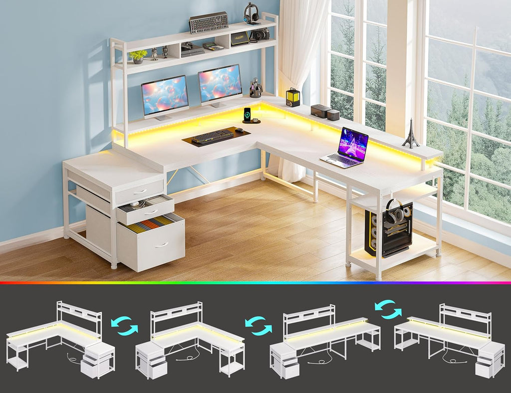 EnHomee 64 x 60 Inch L Shaped Desk with Shelf and Drawers, Gaming Desk with Power Outlet & Monitor Stand & LED Lights, Reversible White Vanity Desk, Two Person Desk for Living, Gaming Room, White
