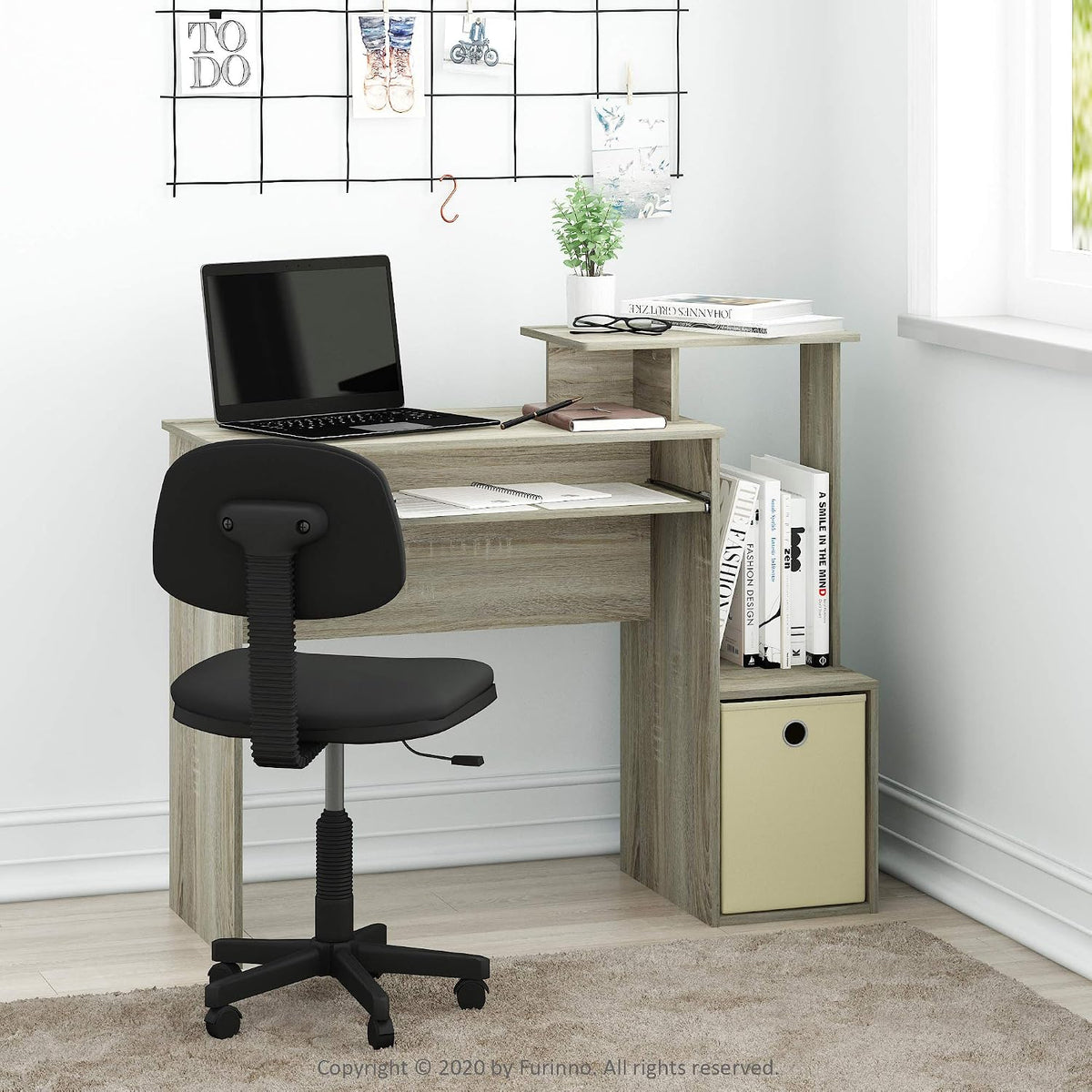 Furinno ECON Desk, 40-in Gaming Desk with Keyboard Tray, Computer Desk, Office Desk with Side Shelves and Storage Bin for Home Office, Study Room, Dorm, Light Oak