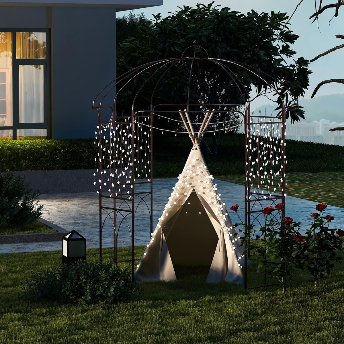 Moccha Birdcage Shape Garden Arch, 8.4' H x 7' W Pergola Pavilion Arch for Climbing Plants, French Style Gazebo with 16 Ground Stakes, Outdoor Metal Garden Arbor for Wedding Party Decoration, Bronze