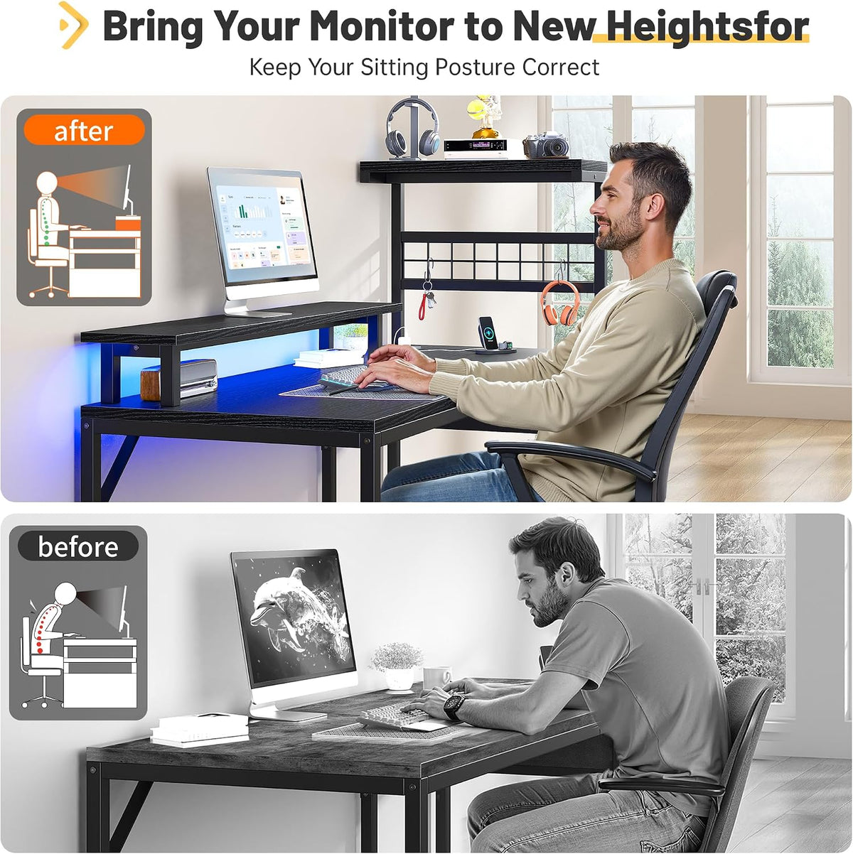 EnHomee 48' Gaming Desk with LED Lights & Power Outlets, Home Office Desk with Monitor Stand, Computer Desk with Drawer & Storage Shelves for Living Room, Study Room, Gaming Room, Black