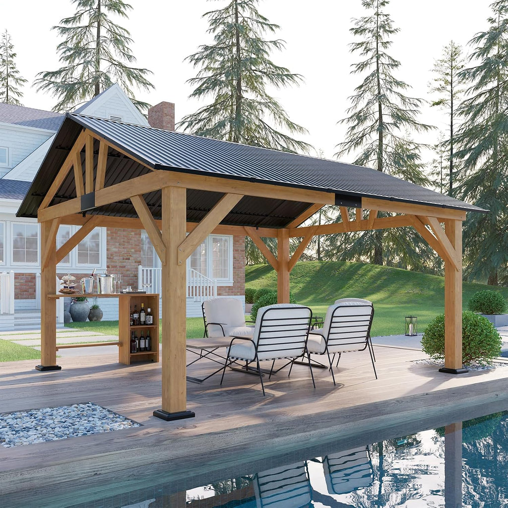 AMERLIFE 13x15 ft Spruce Wood Gazebo, Outdoor Gazebo with Bar Storage, Hardtop Wooden Paviloin with Metal Steel Gable Roof, Patio, Garage, Black + Natural Wood