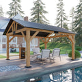AMERLIFE 13x15 ft Spruce Wood Gazebo, Outdoor Gazebo with Bar Storage, Hardtop Wooden Paviloin with Metal Steel Gable Roof, Patio, Garage, Black + Natural Wood