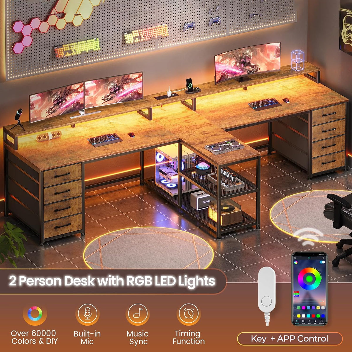 SEDETA 94.5' 2 Person Gaming Desk, Long Office Computer Desk with 8 Drawers & LED Lights, Two Person Desk with Storage, Power Strip & Monitor Stand for Home Office, Rustic Brown