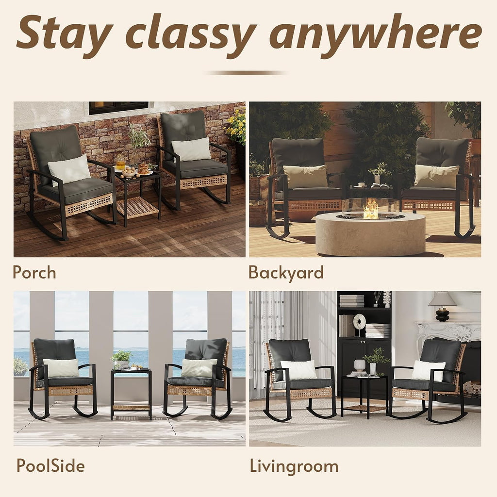 3 Piece Patio Rocking Chairs Set of 2, Outdoor Rocking Chair Bistro Set with Tempered Glass Coffee Table and Thick Lumbar Pillow Set, Front Porch Chairs for Garden, Backyard (Gray Cushion)