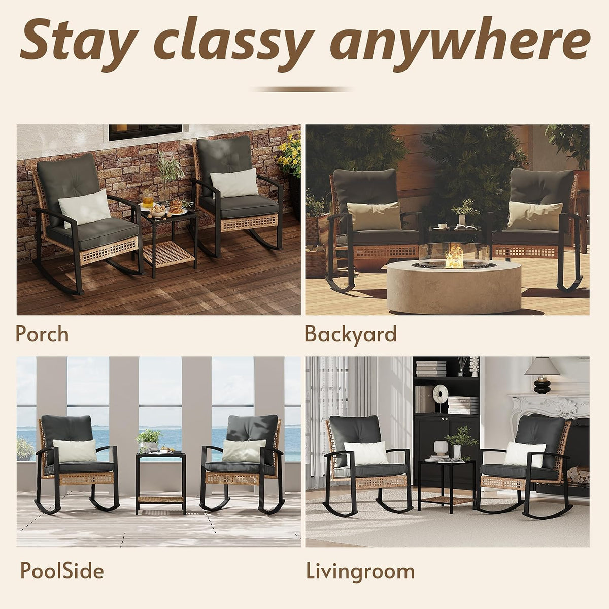3 Piece Patio Rocking Chairs Set of 2, Outdoor Rocking Chair Bistro Set with Tempered Glass Coffee Table and Thick Lumbar Pillow Set, Front Porch Chairs for Garden, Backyard (Gray Cushion)