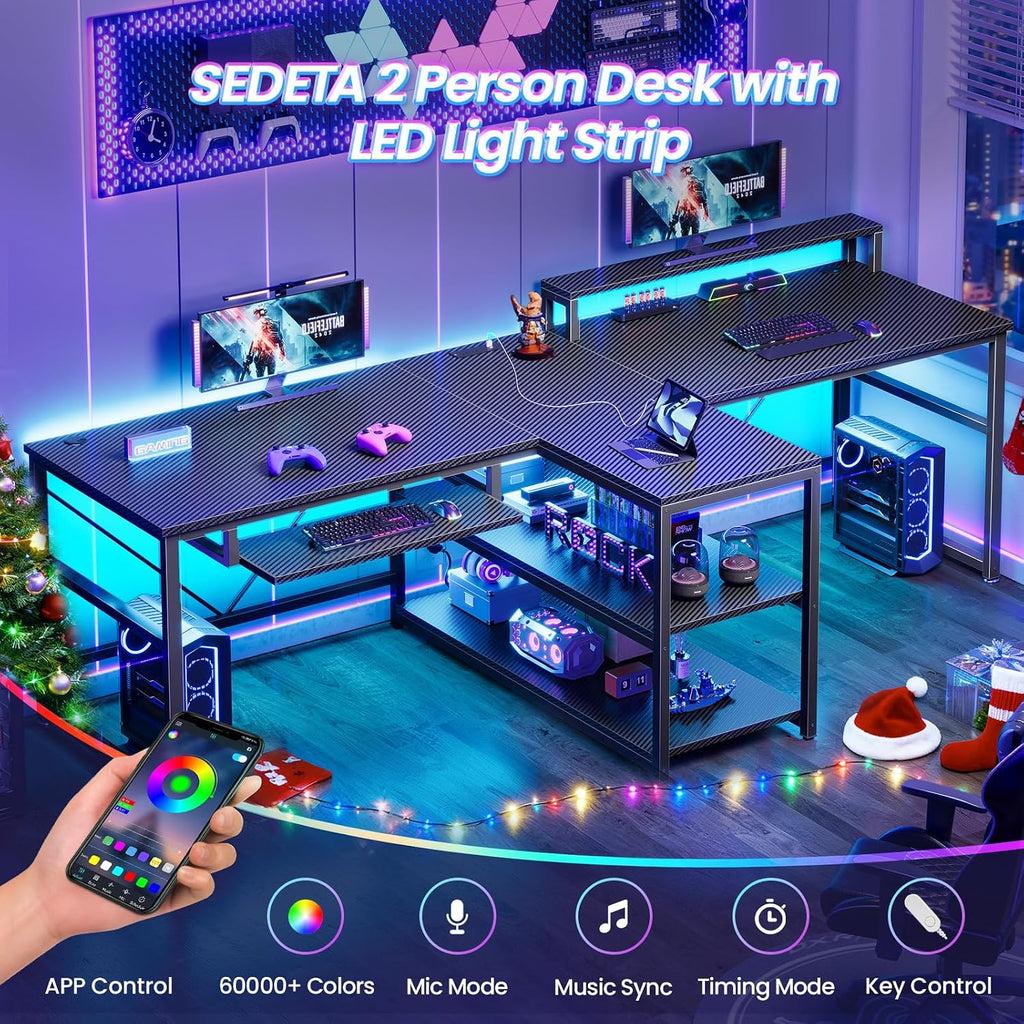 SEDETA 94.5' Gaming Computer Desk, 2 Person Office Desk with Storage, LED Lights, Power Strip, Long Desks with Keyboard Tray & Monitor Stand for Home Office, Carbon Fiber Black