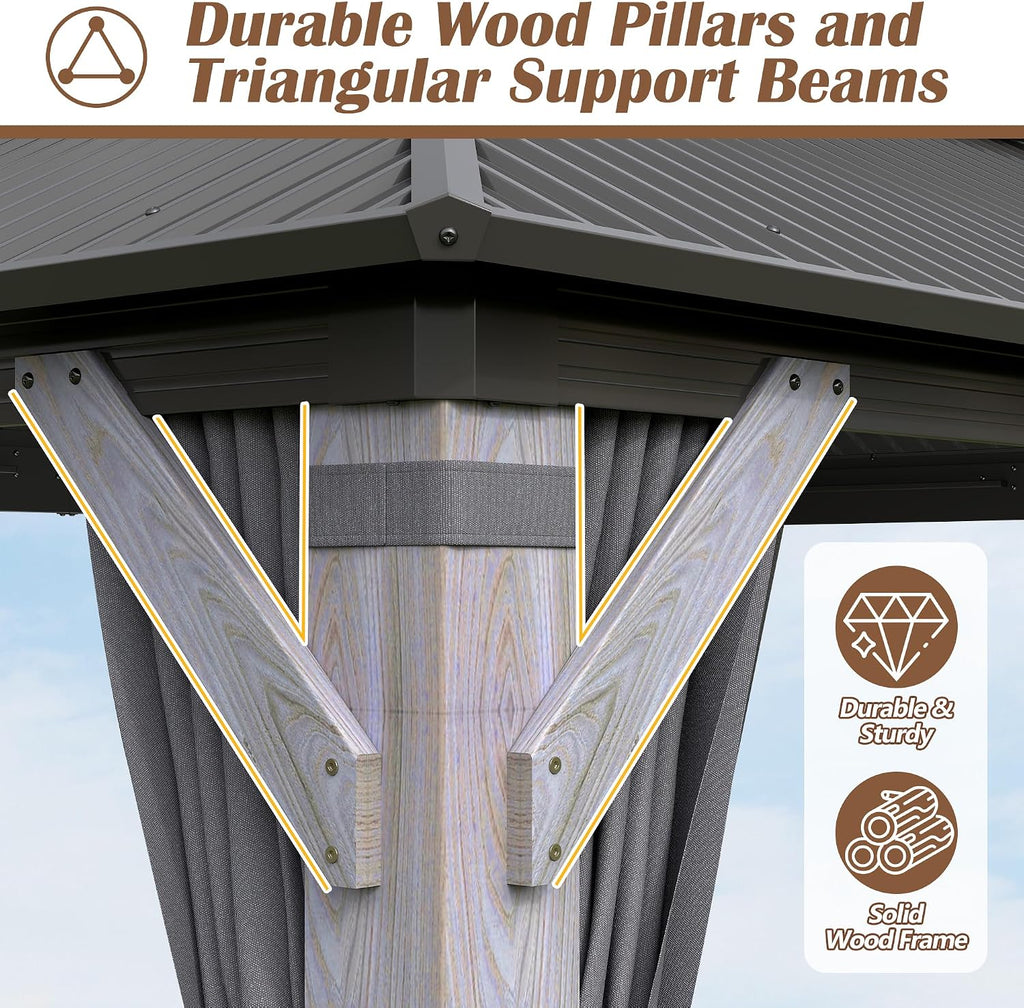 8.5'x8.5' Wood Gazebo, Outdoor Hardtop Gazebo with Wood Posts and Galvanized Steel Doule Roof, Wooden Frame Gazebos with Netting & Curtains for Patio Backyard Deck