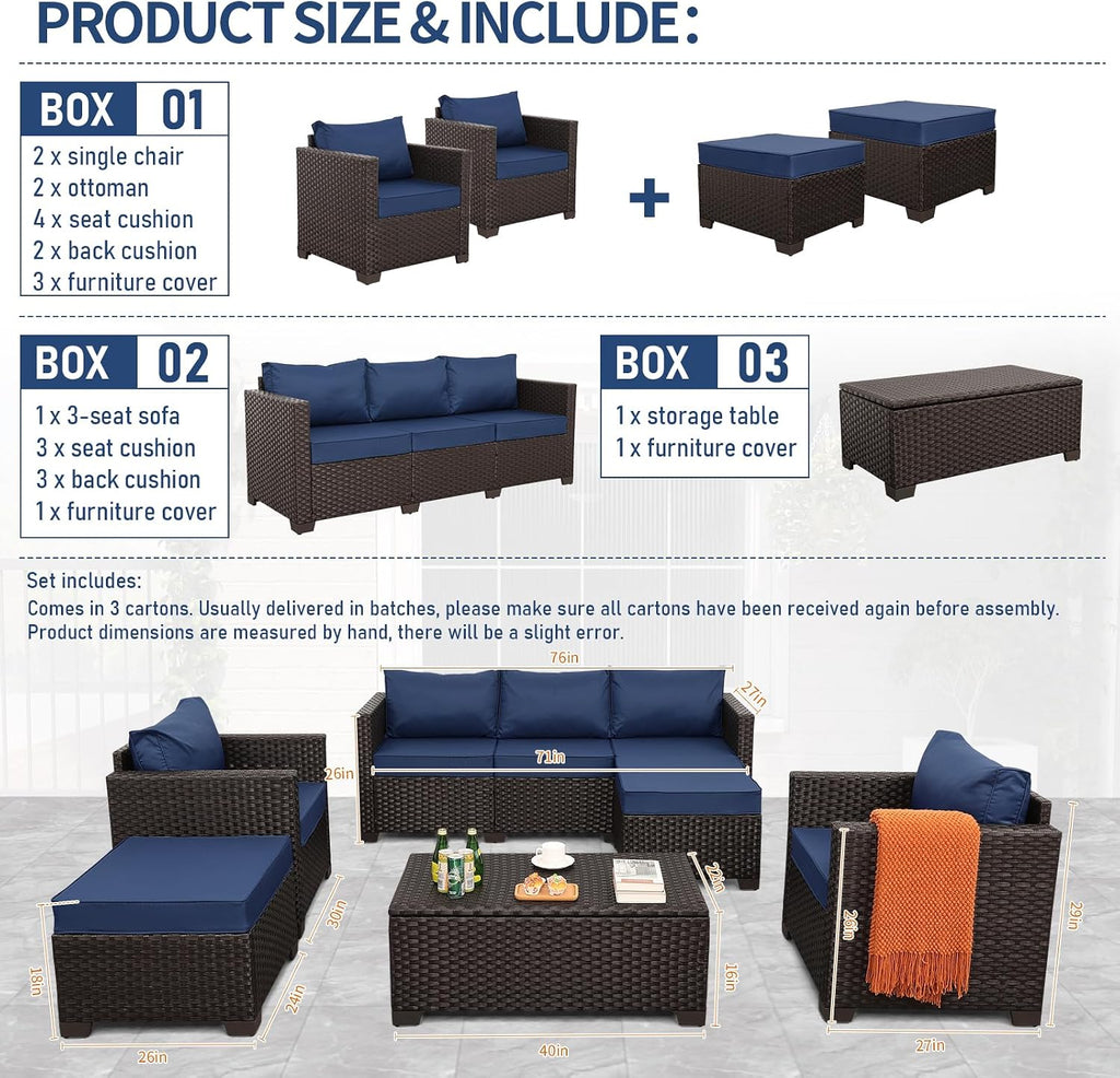 Rattan Star 6 Pieces Patio Outdoor Furniture Conversation Sets Patio Wicker Sofa Set with Outdoor Couch Patio Chairs and Storage Table Non-Slip Cushions Waterproof Covers, Navy Blue