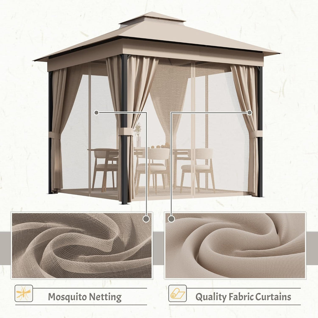 Devoko Outdoor Gazebo for Patio 8'x 8' Heavy Duty Metal Frame Canopy with Expansion Bolts & Double Roofs, Party Tent & Shelter with Mosquito Nettings and Privacy Screen for Backyard, Garden (Khaki)