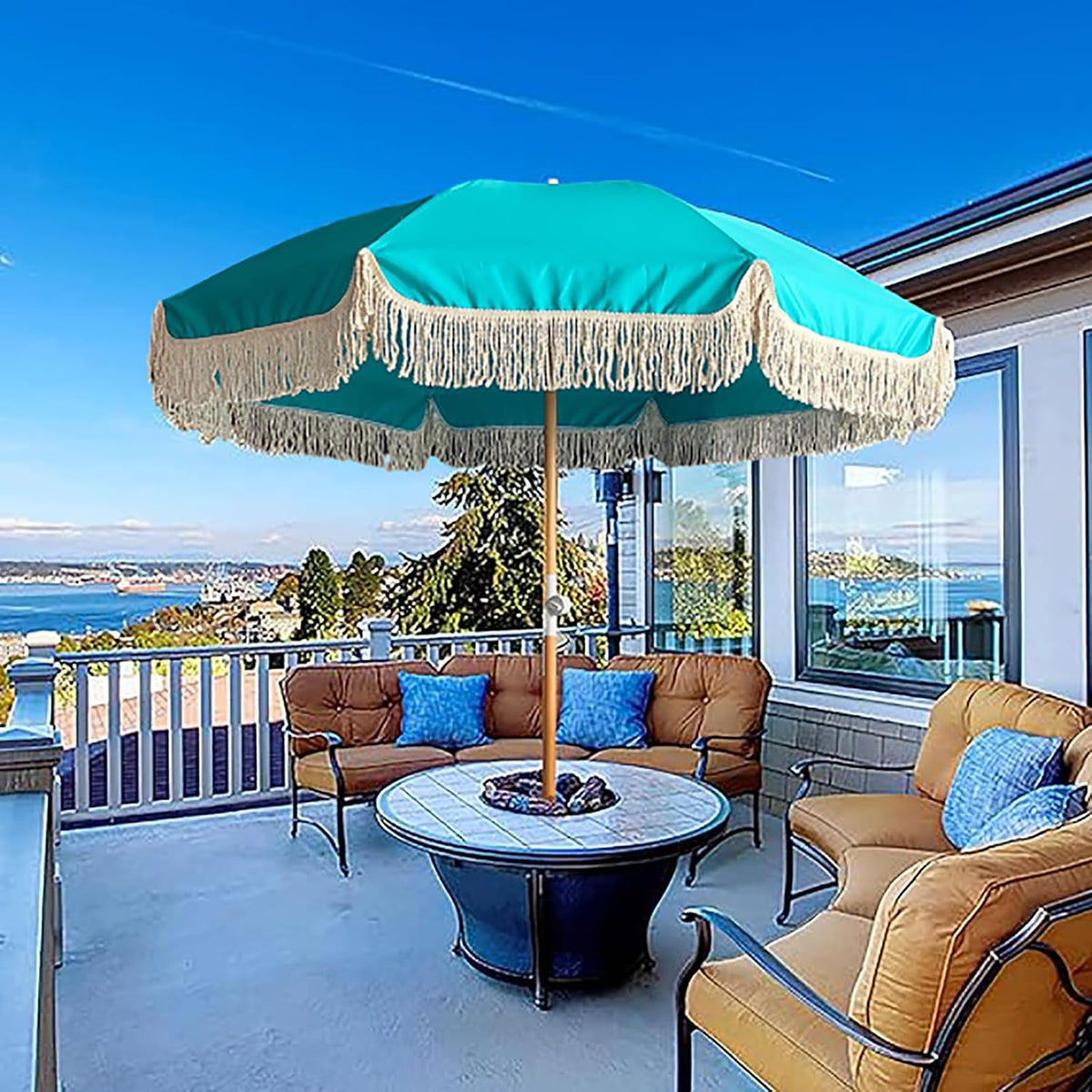 Premium Patio Umbrella with Fringe,Round Umbrella with 8 Sturdy Ribs,7 Ft Outdoor Table Umbrellas,Sun Shade Rainproof Garden Umbrellas,Button Tilt