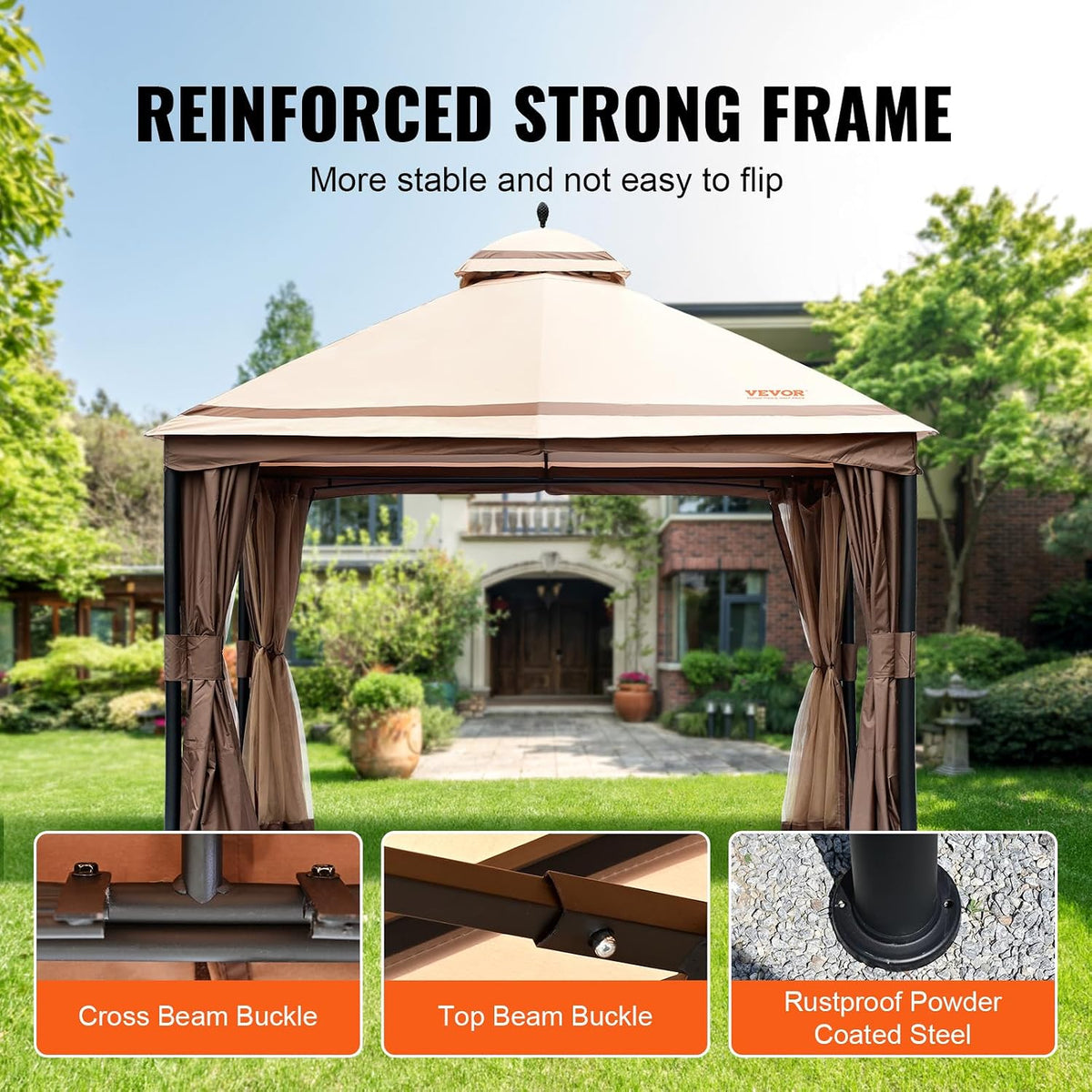 VEVOR Patio Gazebo for 10-12 Person, 10 x 13 FT Backyard Gazebo, with Mosquito Netting, Metal Frame, and PU Coated 180G Polyester, Outdoor Canopy Shelter for Patio, Backyard, Lawn, Garden, Deck