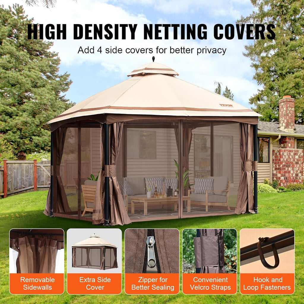 VEVOR Patio Gazebo for 10-12 Person, 10 x 13 FT Backyard Gazebo, with Mosquito Netting, Metal Frame, and PU Coated 180G Polyester, Outdoor Canopy Shelter for Patio, Backyard, Lawn, Garden, Deck