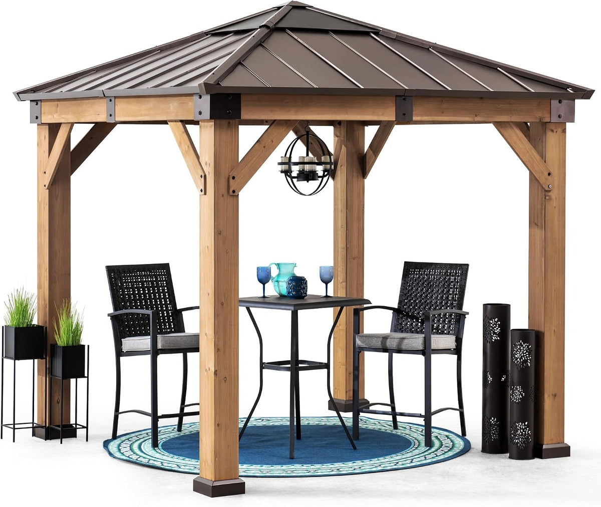 Sunjoy Hardtop Gazebo 9 x 9 ft. Upgrade Cedar Framed Wood Gazebo with Brown Steel & Polycarbonate Hip Roof Hardtop for Garden, Backyard Shade, Brown Roof + Natural Wood Frame