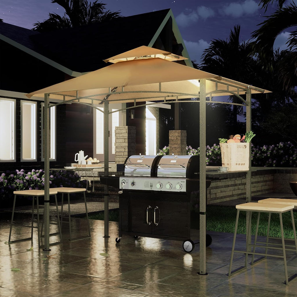 COOSHADE 8'x 5' Grill Gazebo Double Tiered Outdoor BBQ Gazebo Canopy with LED Light (Khaki)