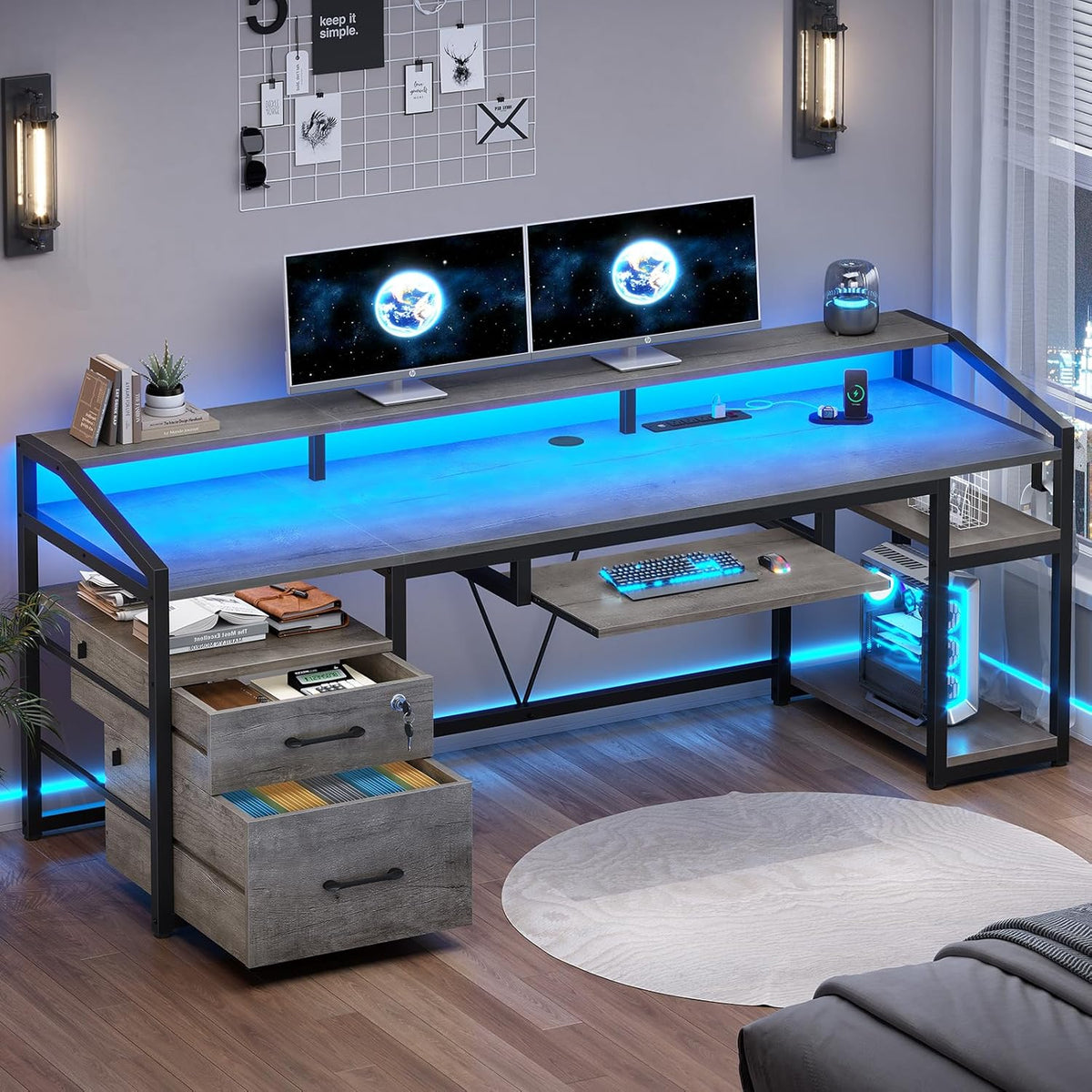 SEDETA 63' Computer Desk, Office Desk with Lockable Drawers for Legal/Letter File, Gaming Desk with LED Lights & Power Outlet, Home Office Desks with Storage, Grey