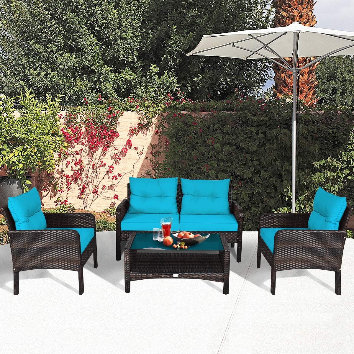 HAPPYGRILL 4-Piece Patio Furniture Set Outdoor Rattan Wicker Conversation Set with Coffee Table, Sectional Sofa Bistro Set with Cushions for Garden Poolside Backyard