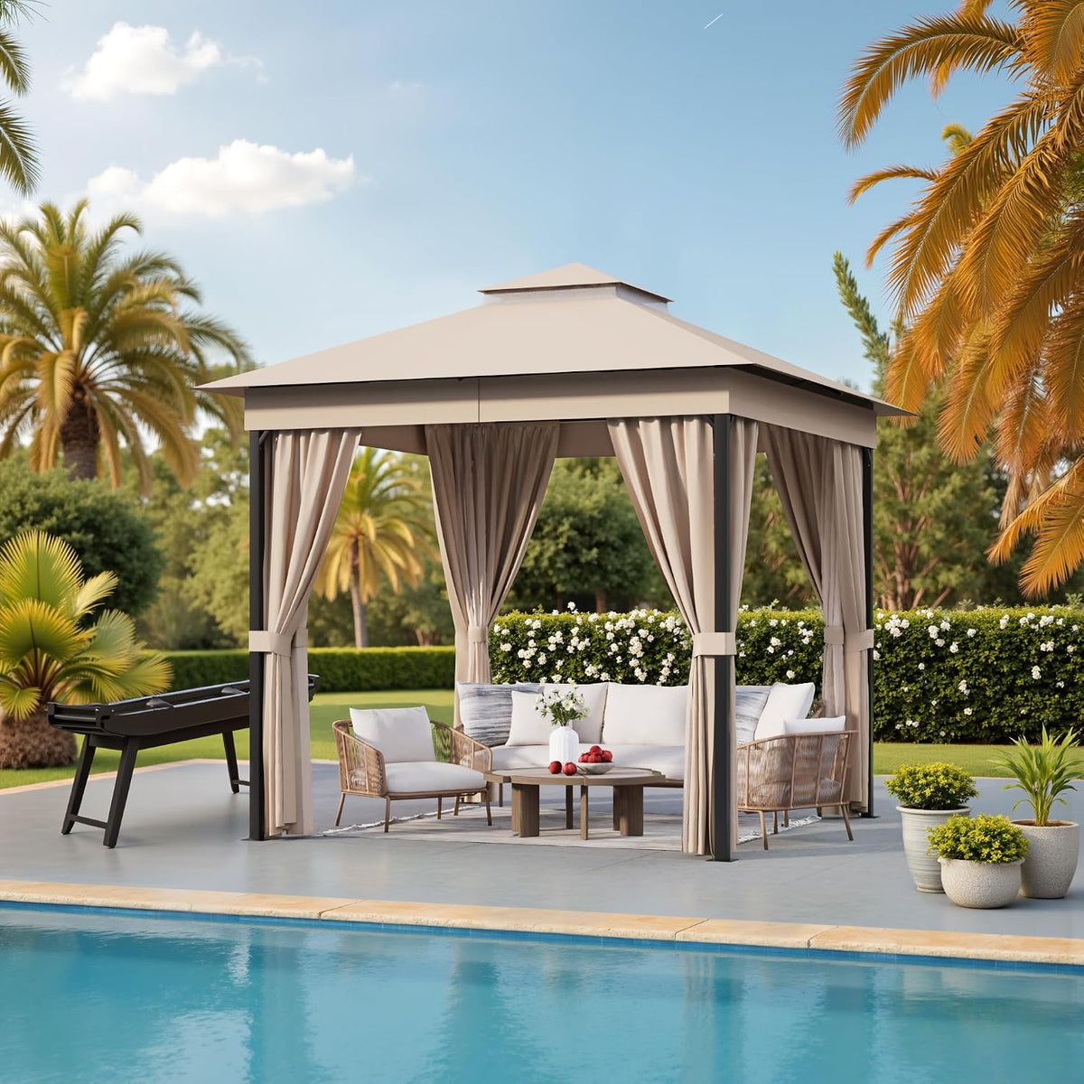 Devoko Outdoor Gazebo for Patio 8'x 8' Heavy Duty Metal Frame Canopy with Expansion Bolts & Double Roofs, Party Tent & Shelter with Mosquito Nettings and Privacy Screen for Backyard, Garden (Khaki)