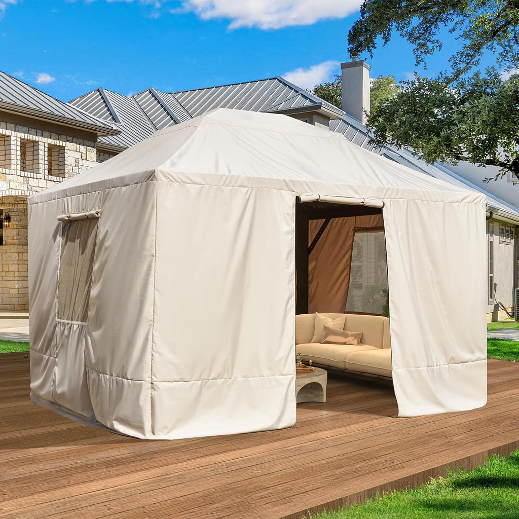 EROMMY Gazebo Cover for 10'x12' Gazebos,Outoor Winter Gazebo Cover with Sidewalls and Mesh Windows,Convert Gazebo into a Storage Space,Beige(Gazebo not Included)