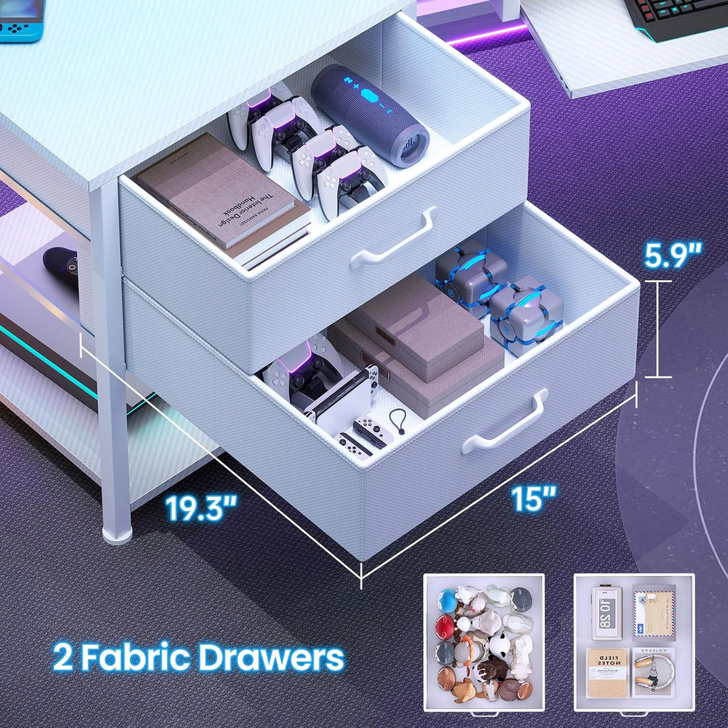 Itaar 79' Gaming Desk with 2 Fabric Drawers, Long Computer Desk with Power Strip & LED Lights, U Shaped Desk with Storage and Cup Holder, Large Gaming Table for Bedroom, Carbon Fiber White