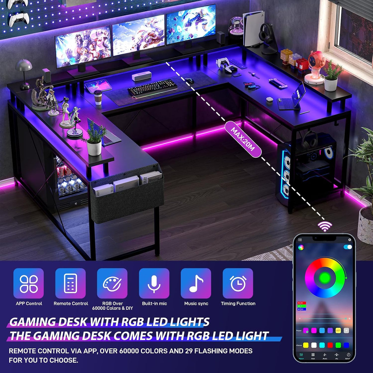 GAOMON U Shaped Desk, 79' U Shaped Gaming Desk with Monitor Stand and LED Lights, Reversible Long Shaped Large Computer Desk with Power Outlets, Large Corner Office Desk with Storage Bag and Hooks