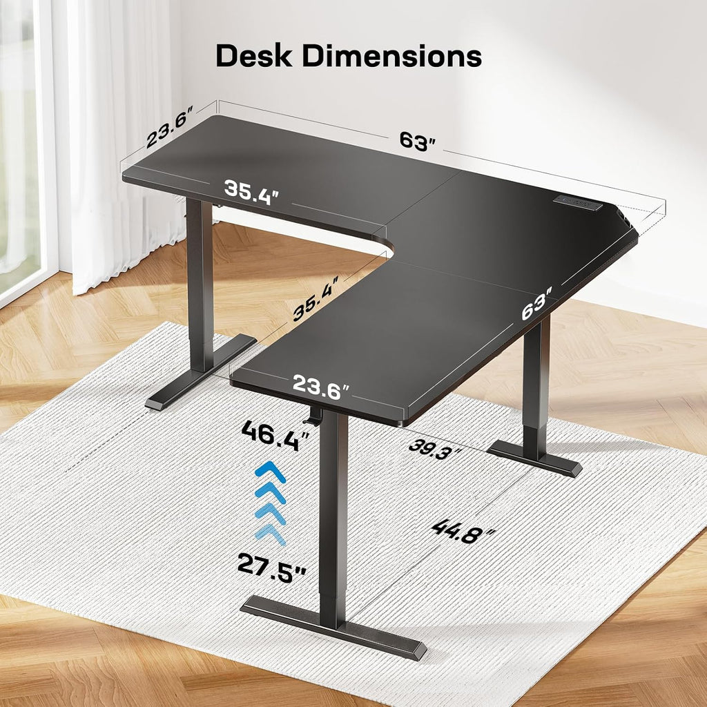 HUANUO Electric L Shaped Standing Desk, 63' x 63' Height Adjustable Corner Standing Desk with Built-in Power Outlets & Power Strip Holder, Sit Stand Up Table with 4 Preset Heights, Black