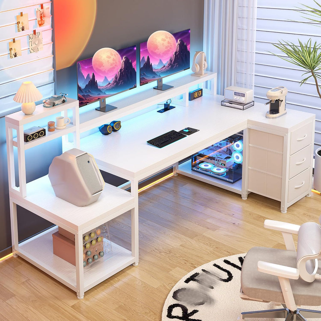EnHomee 71' L Shaped Gaming Desk with LED Lights,White Computer Desk with Drawers and Printer Shelf,Power Outlet,Reversible Home Office Desks with Storage and Monitor Stand