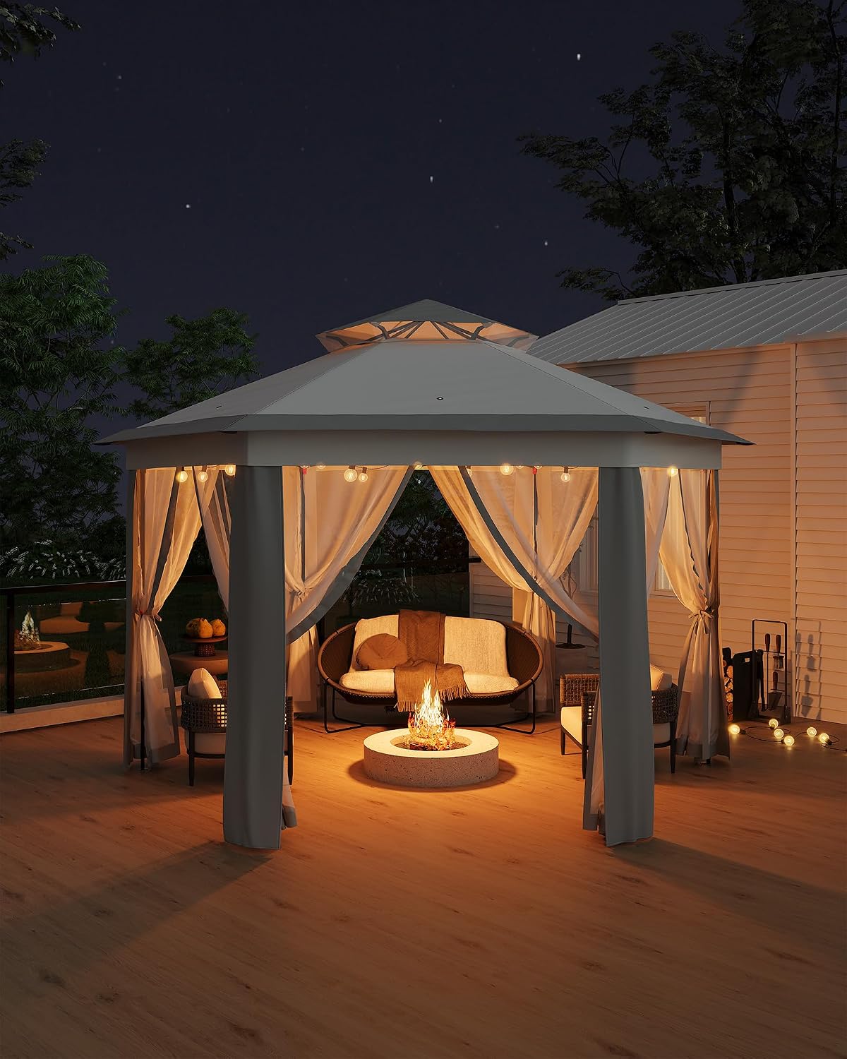 GarveeLife 13'x13' Pop-Up Gazebo, Outdoor Hexagonal Patio Gazebo with Mosquito Netting, Instant Setup Canopy Tent with Strong Steel Frame and Sandbags, for Backyard, Gardens, Patio (Grey)